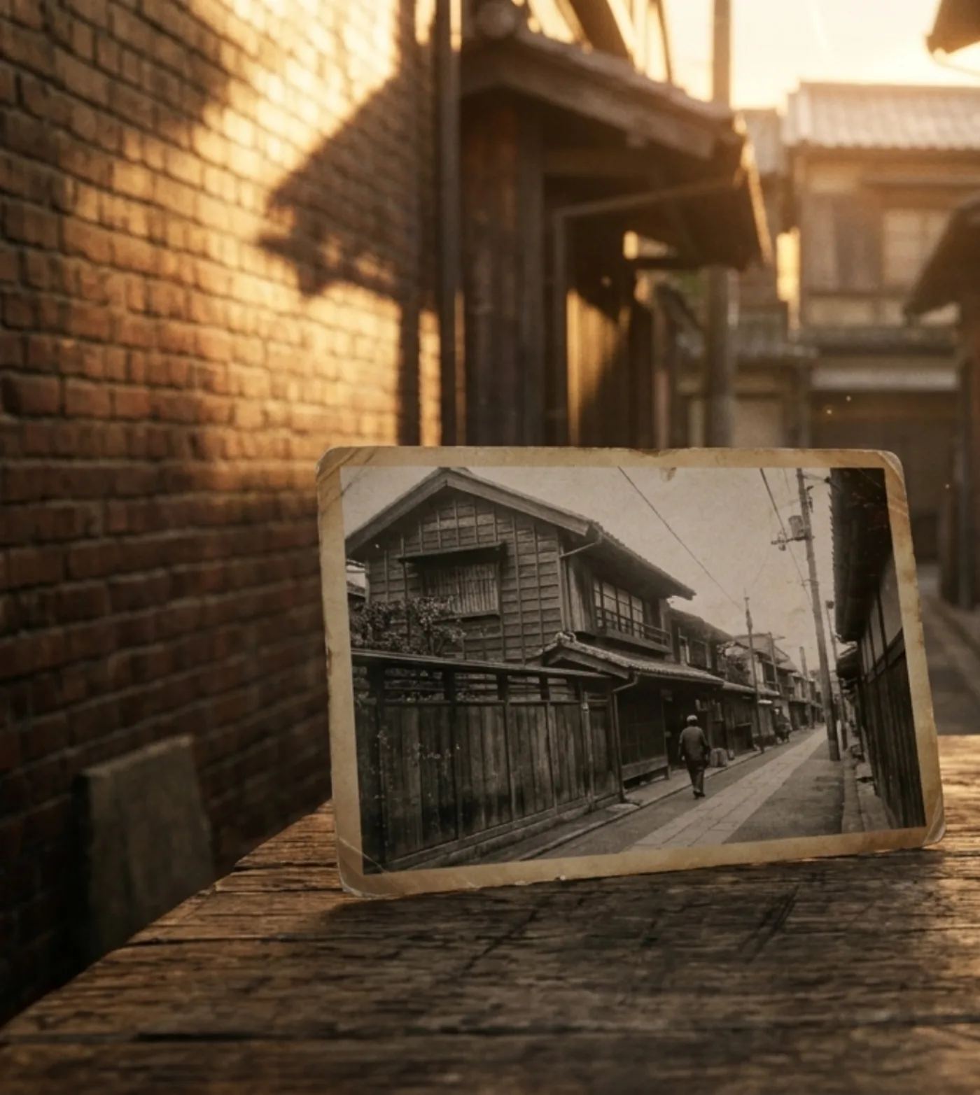 すみだ写真トレカプロジェクトの既存紹介イメージ。路地に置かれた昔の街並みのカード